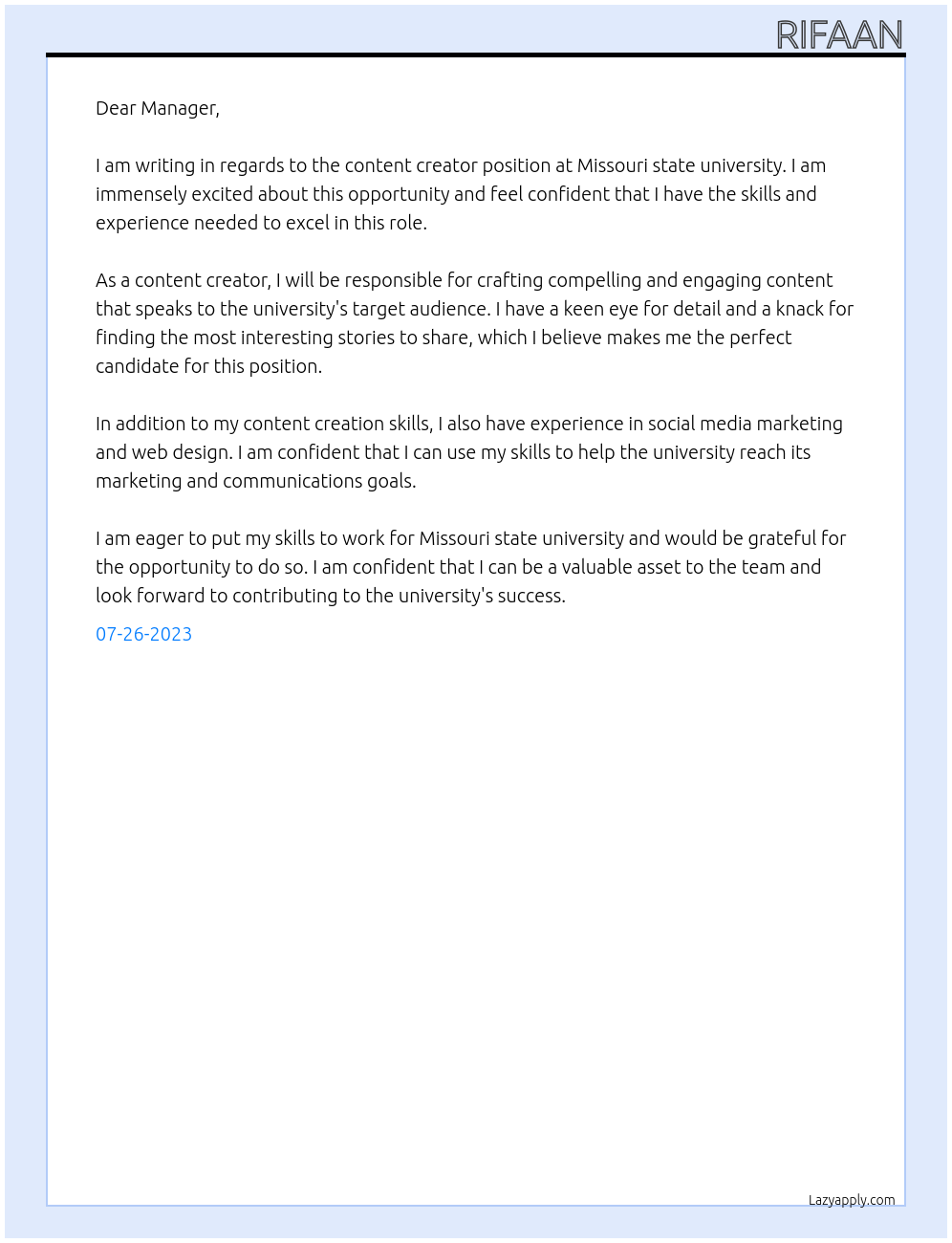 Content creator At Missouri state university  Cover Letter