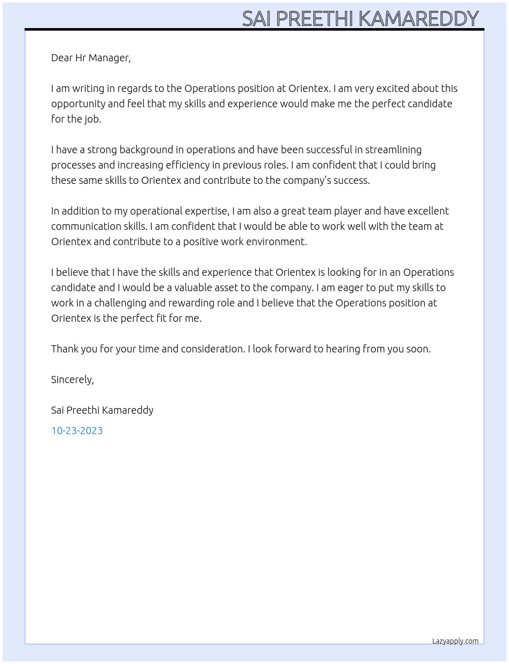 Operations  At Orientex Cover Letter