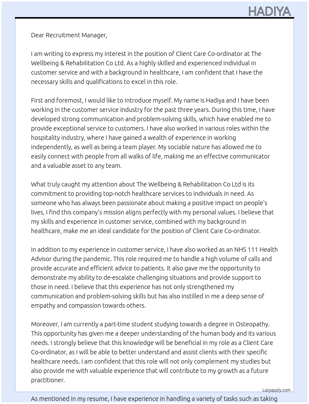 client care co-ordinator At The Wellbeing & Rehabilitation Co Ltd Cover Letter