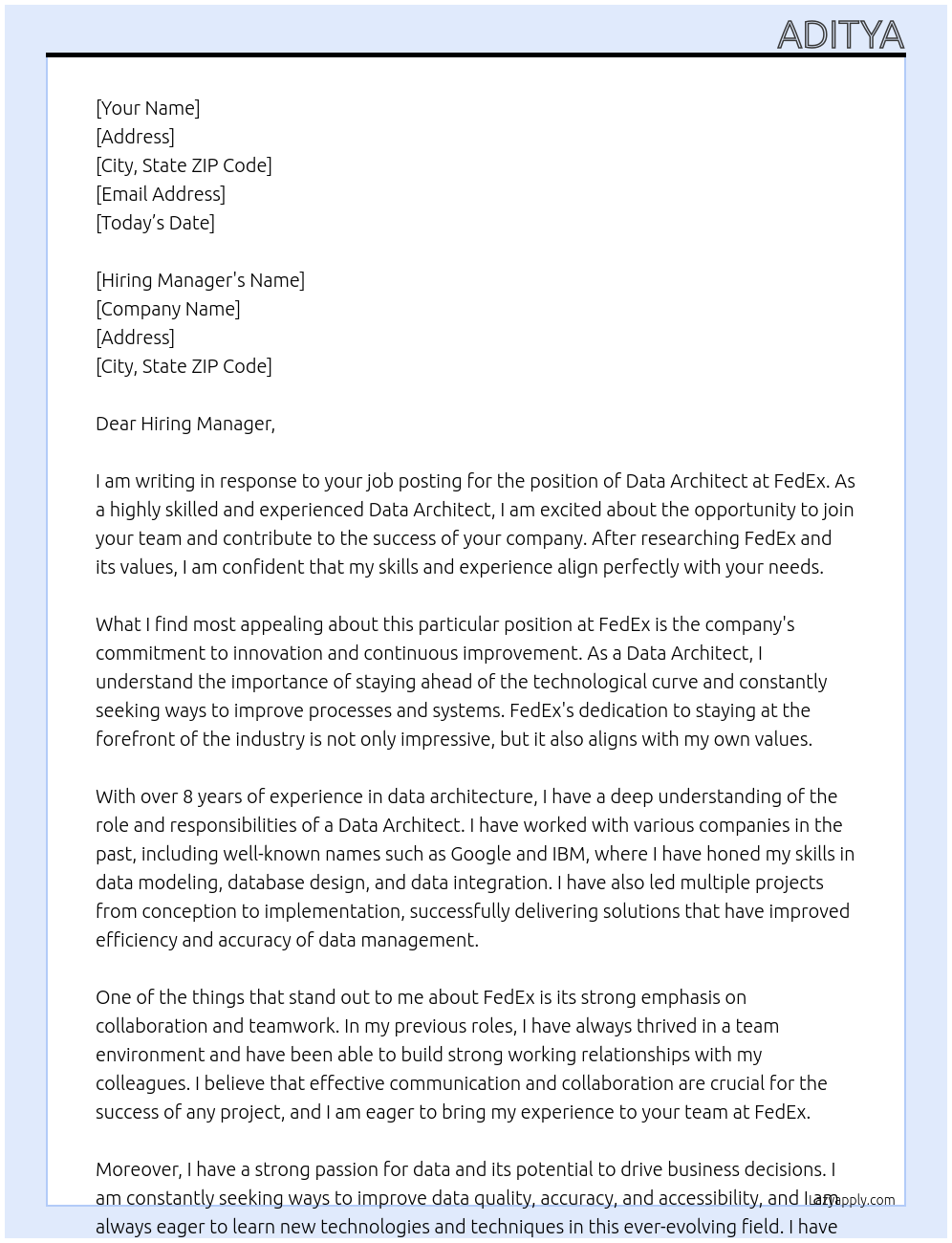 Data Architect At FedEx Cover Letter