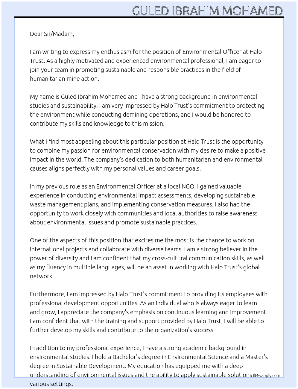 Environmental officer At Halo Trust Cover Letter