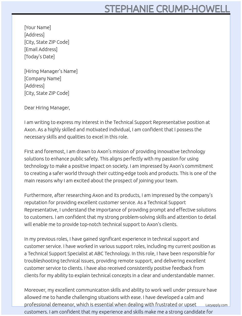 Technical support representative At Axon Cover Letter