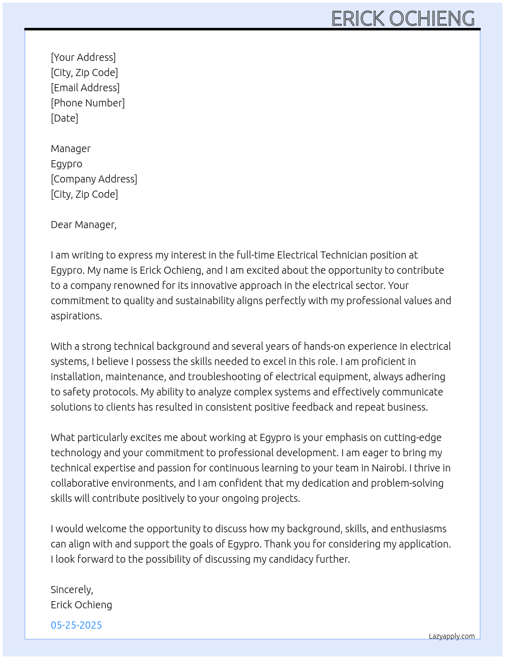 Electrical technician At Egypro Cover Letter
