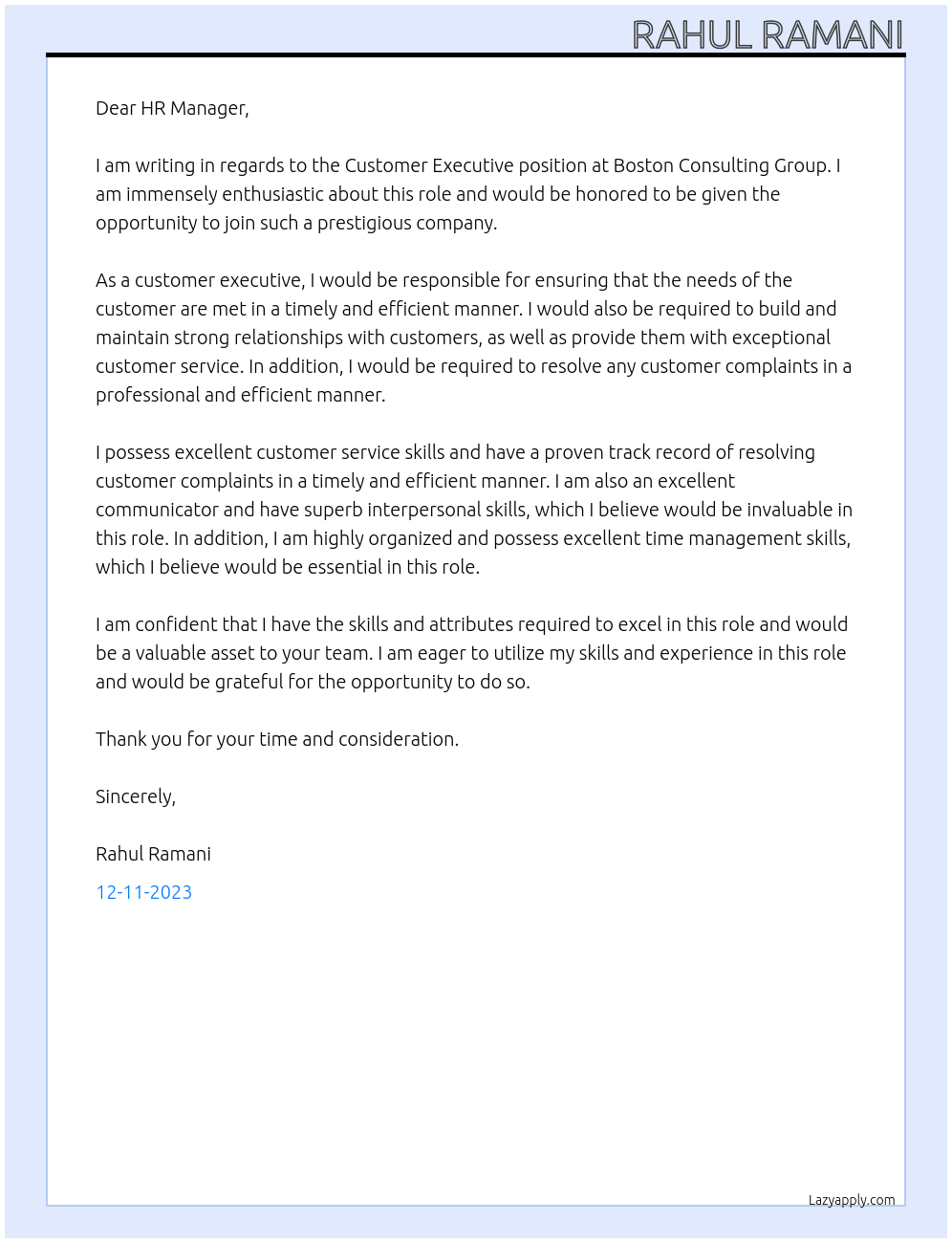 Customer executive At Boston Consulting Group Cover Letter