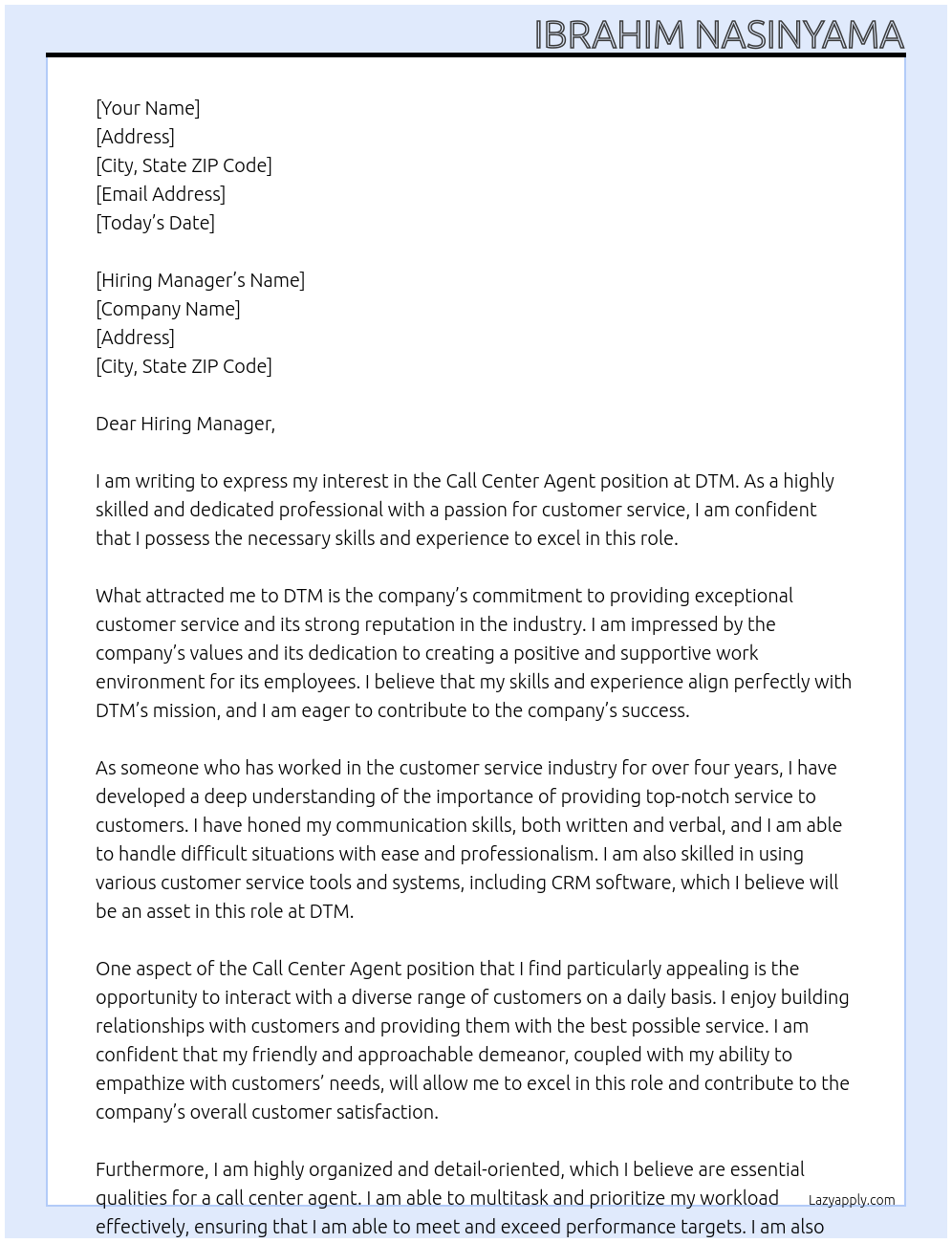 Call center agent At DTM Cover Letter