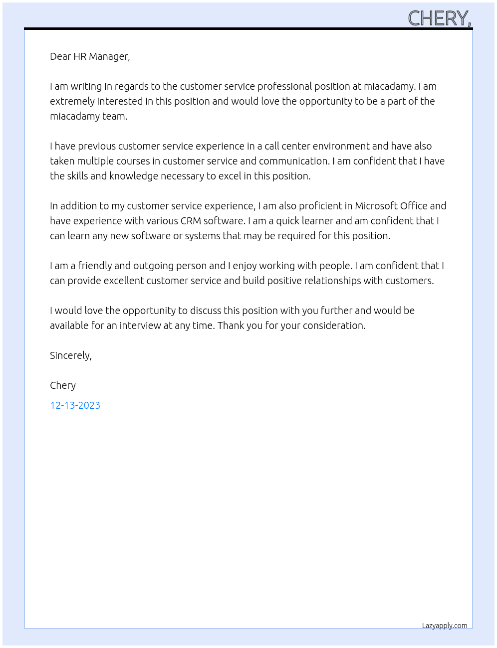 customer service professional At miacadamy Cover Letter