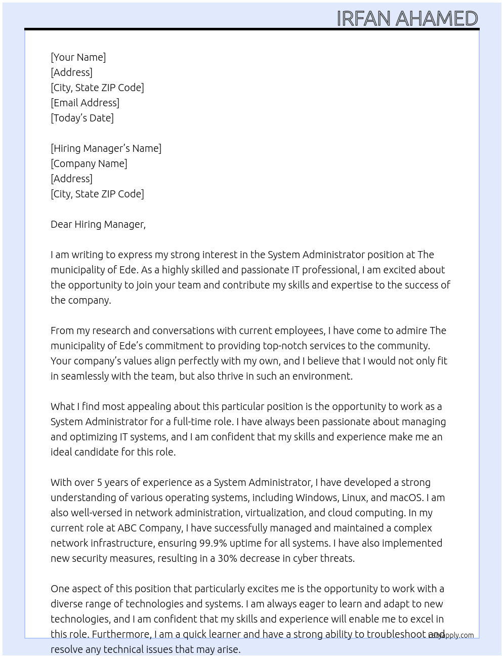 System administrator At The municipality of Ede Cover Letter