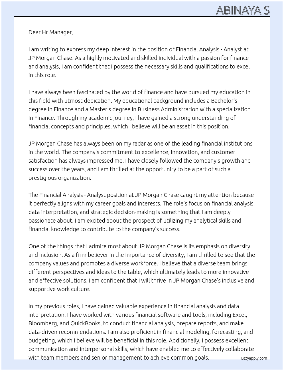 Financial Analysis - Analyst At JP Morgan Chase Cover Letter