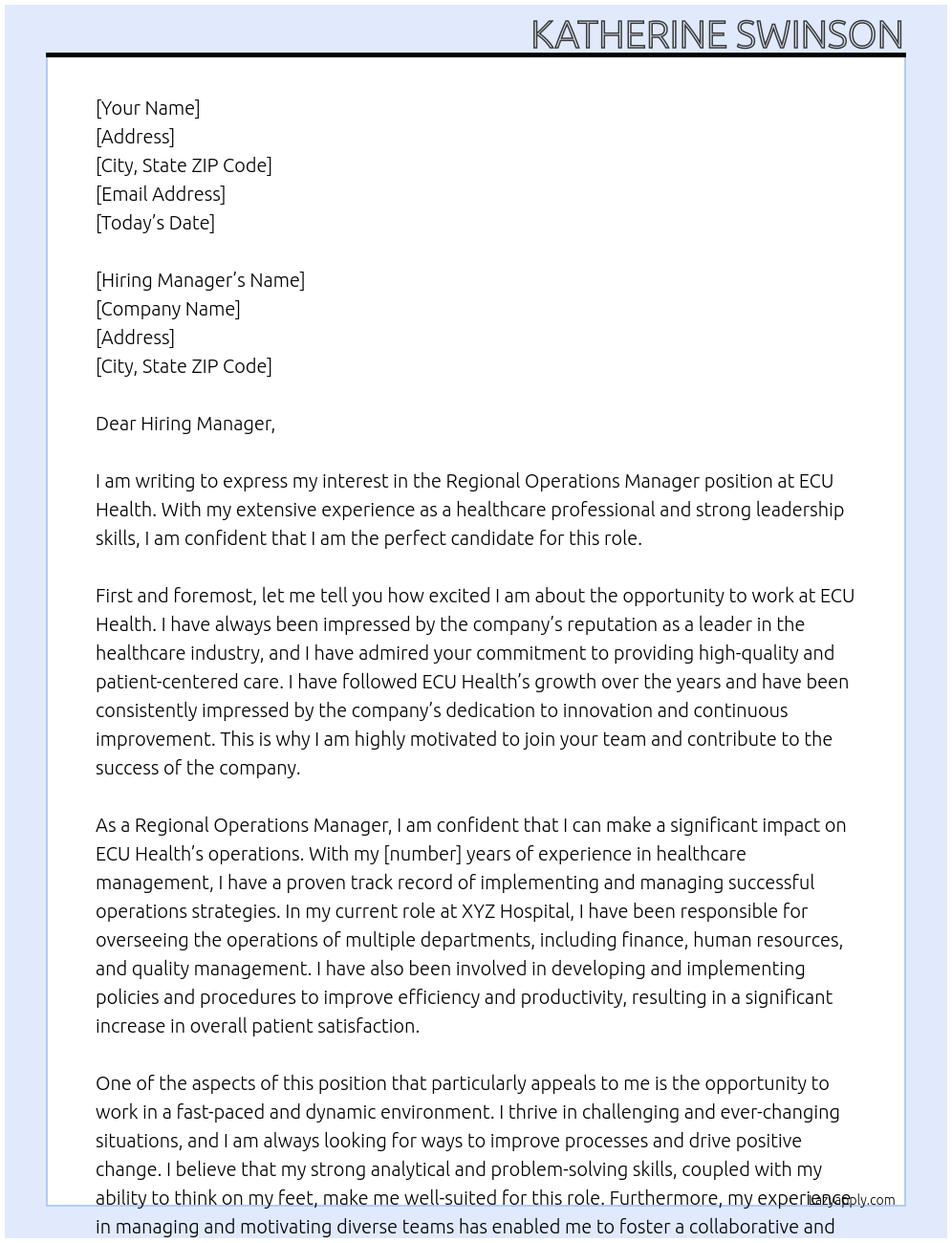 Regional Operations Manager At ECU Health Cover Letter