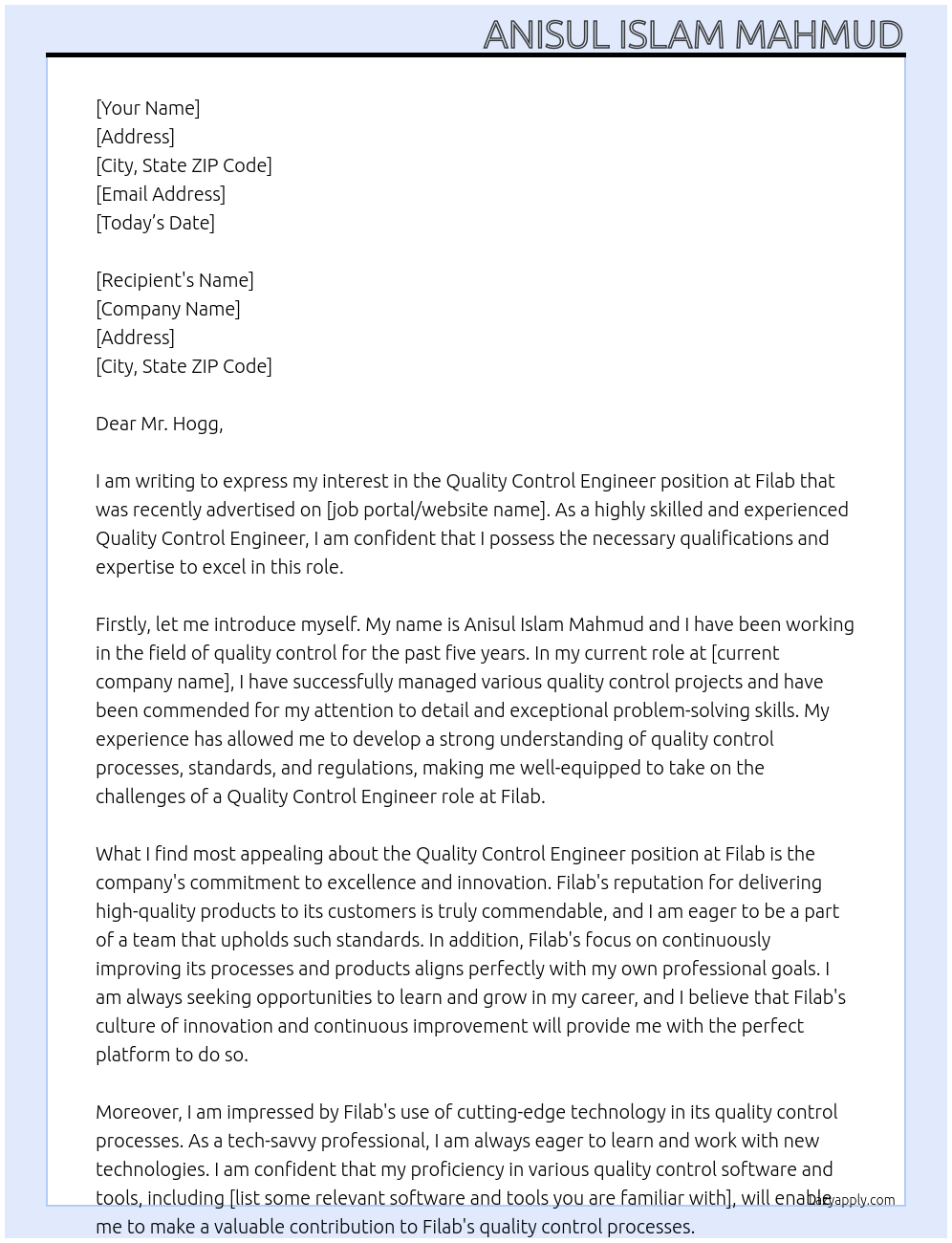 Quality Control Engineer At Filab Cover Letter