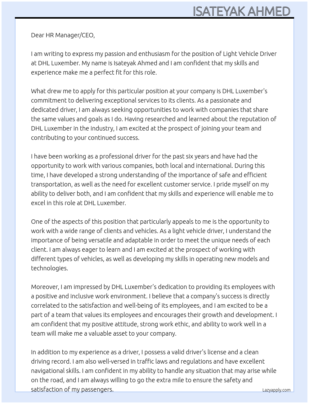Light vehicle driver At Dhl luxember Cover Letter