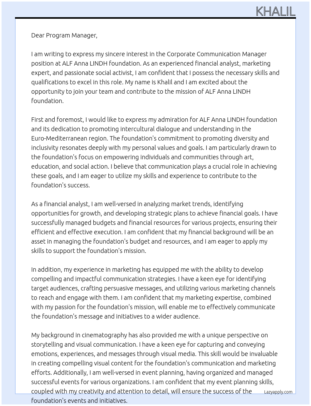 Corporate communication manager At ALF Anna LINDH foundation  Cover Letter