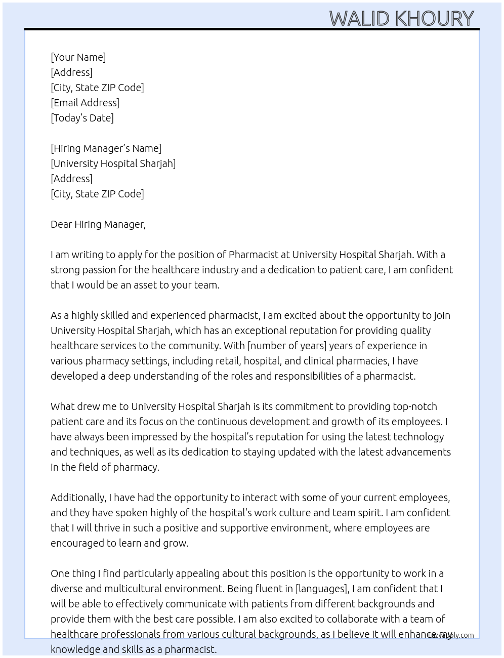 Pharmacist At University hospital Sharja Cover Letter
