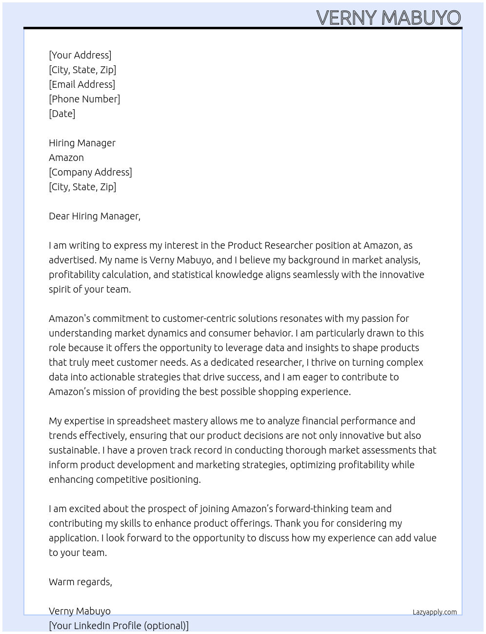 Product Researcher At Amazon Cover Letter