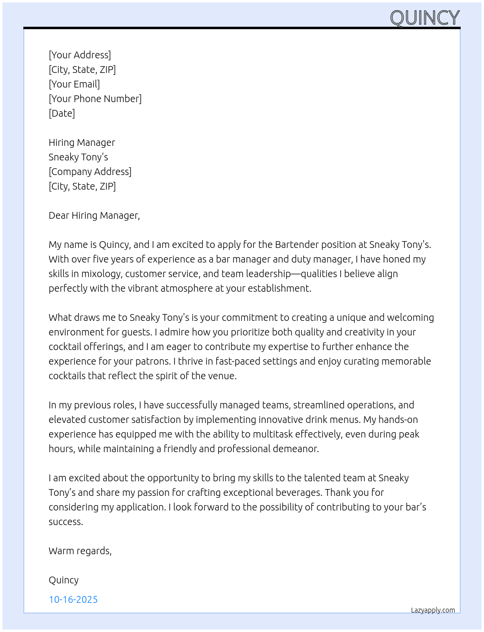 Cover letter for bartender - LazyApply