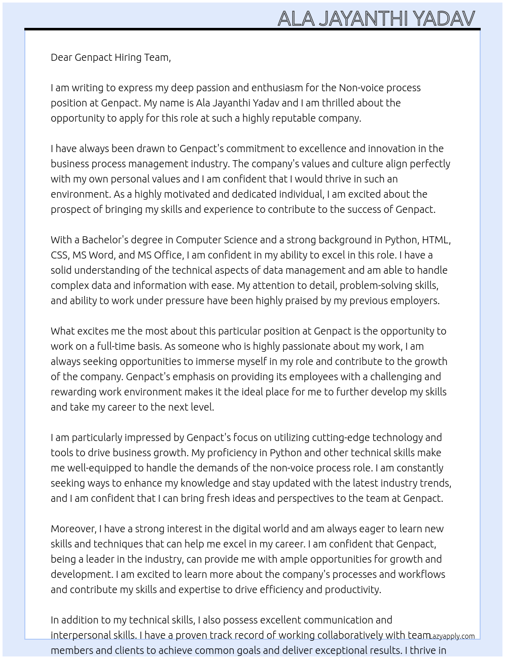 Non voice process At Genpact Cover Letter