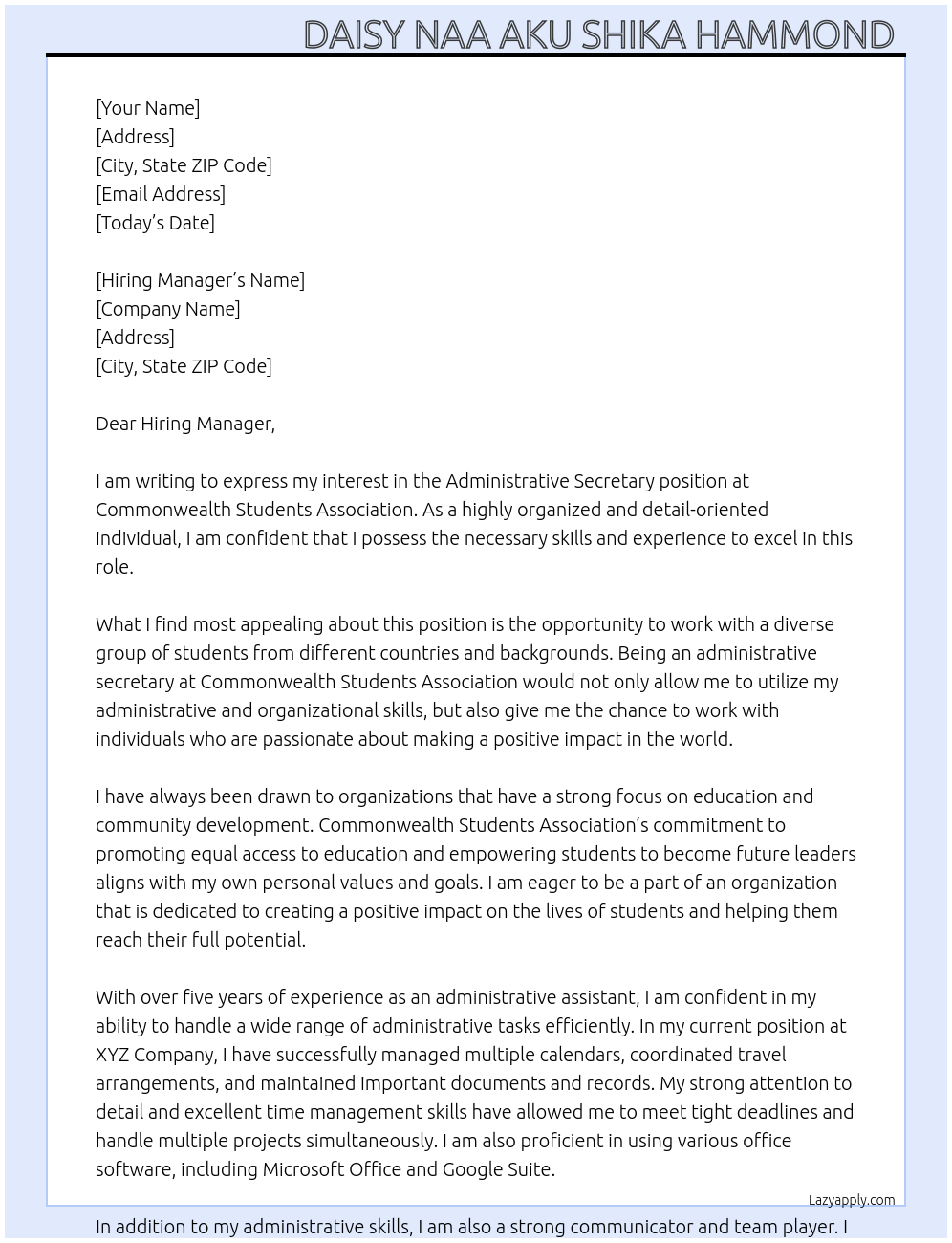 Administrative secretary At Commonwealth students association Cover Letter
