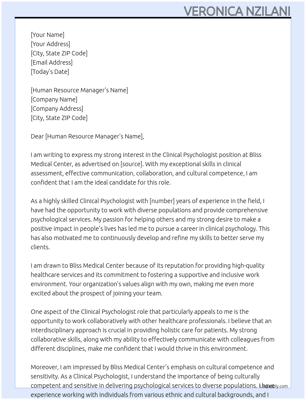 Clinical Psychologist At Bliss Medical Center Cover Letter