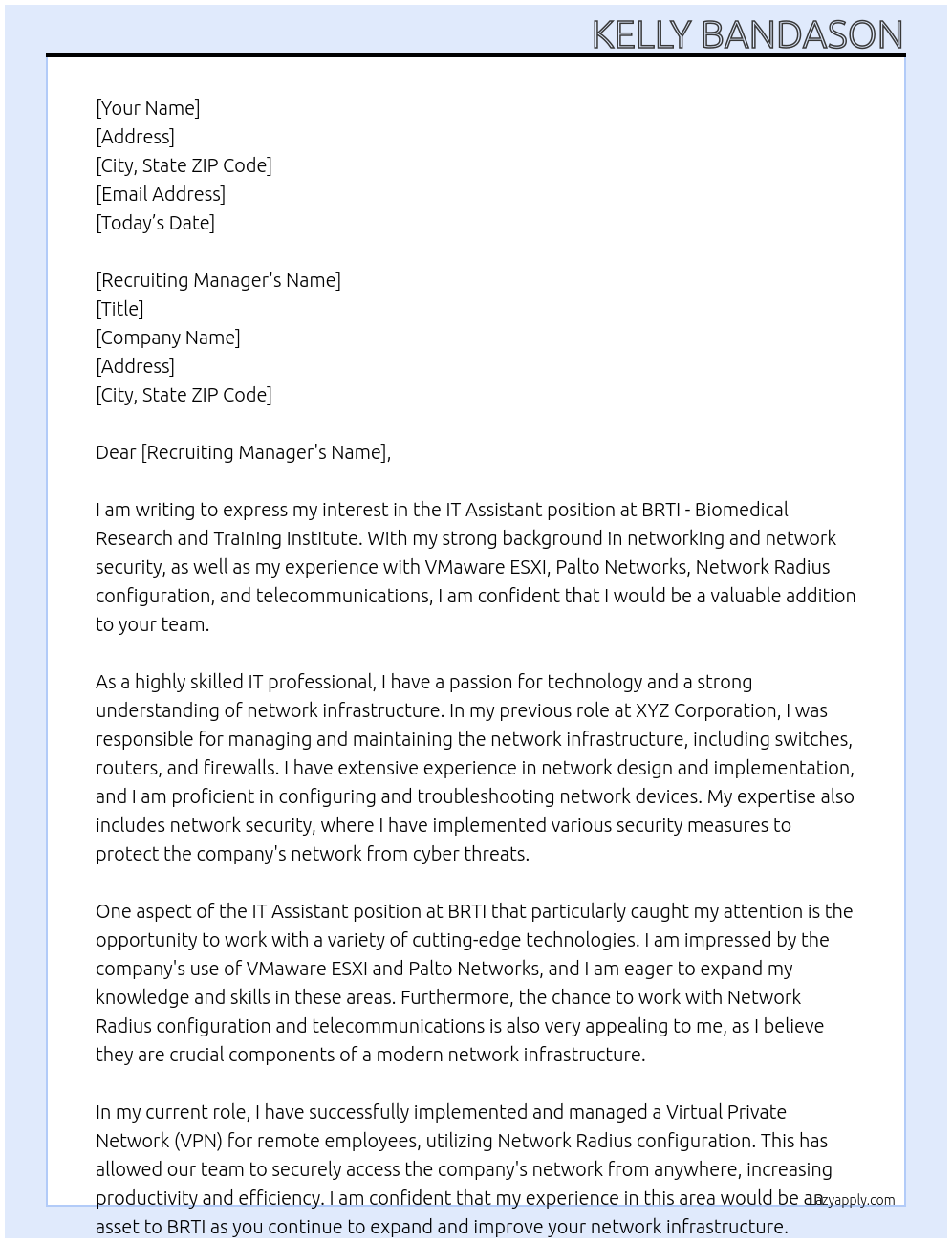 IT Assistant At BRTI - Biomedical Research and Training Institute Cover Letter