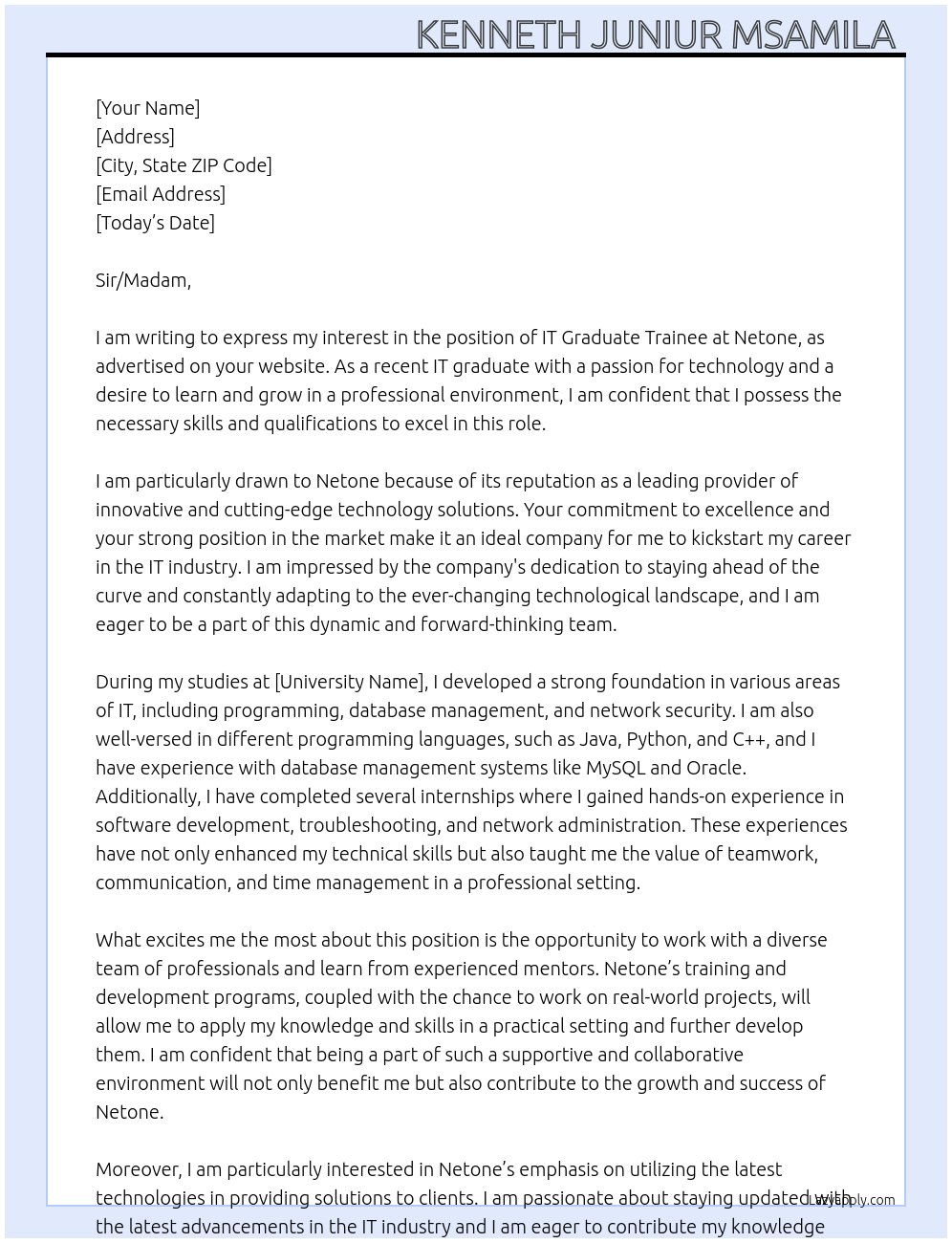 IT Graduate Trainee At Netone Cover Letter