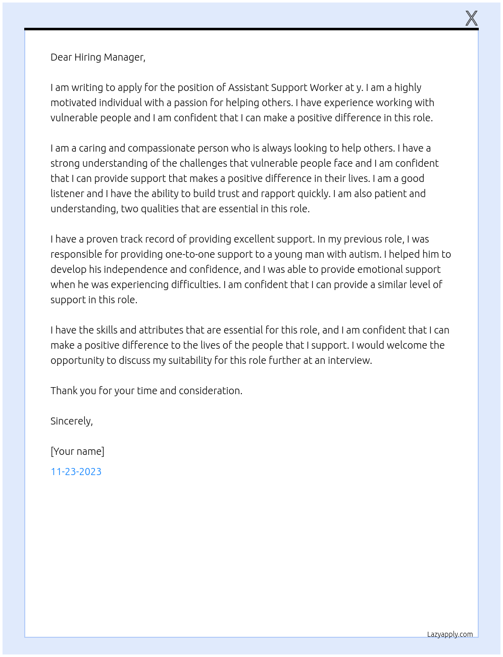 Assistant Support Worker  At y Cover Letter