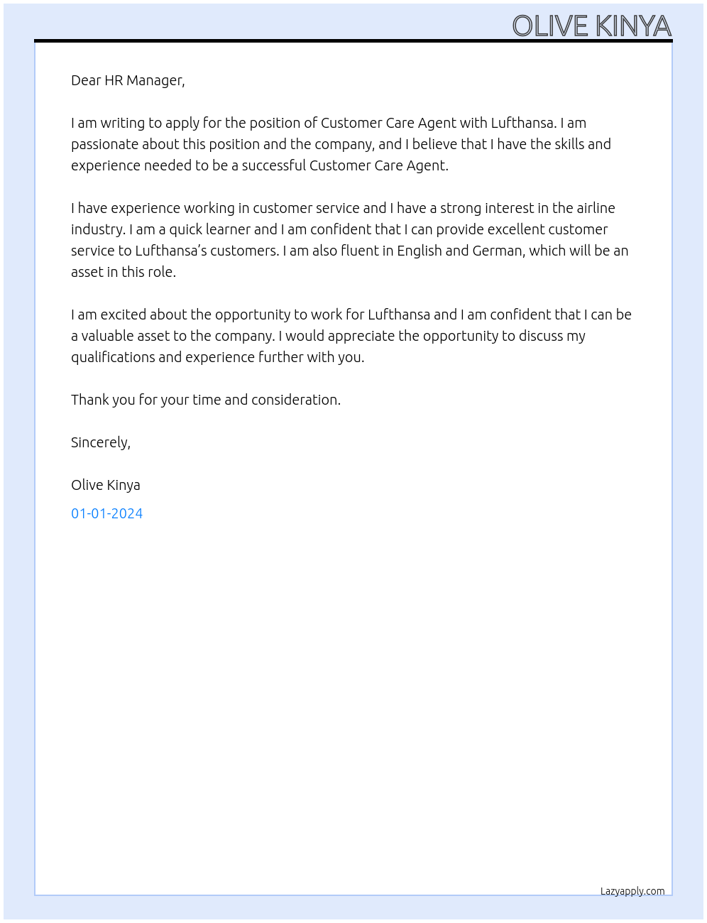 customer care Agent At Lufthansa Cover Letter