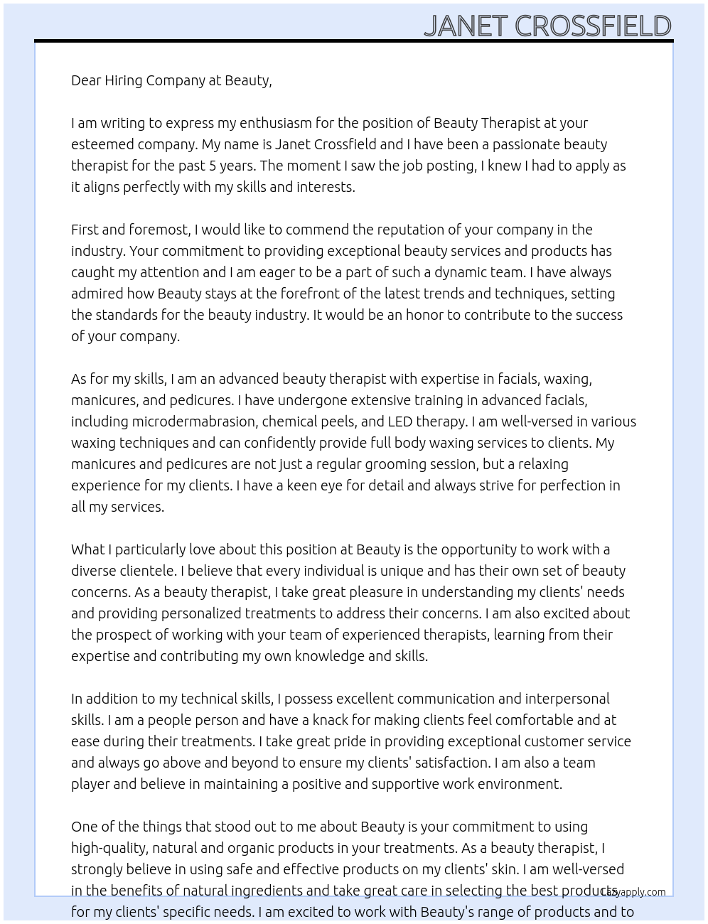 Beauty therapist At Beauty Cover Letter