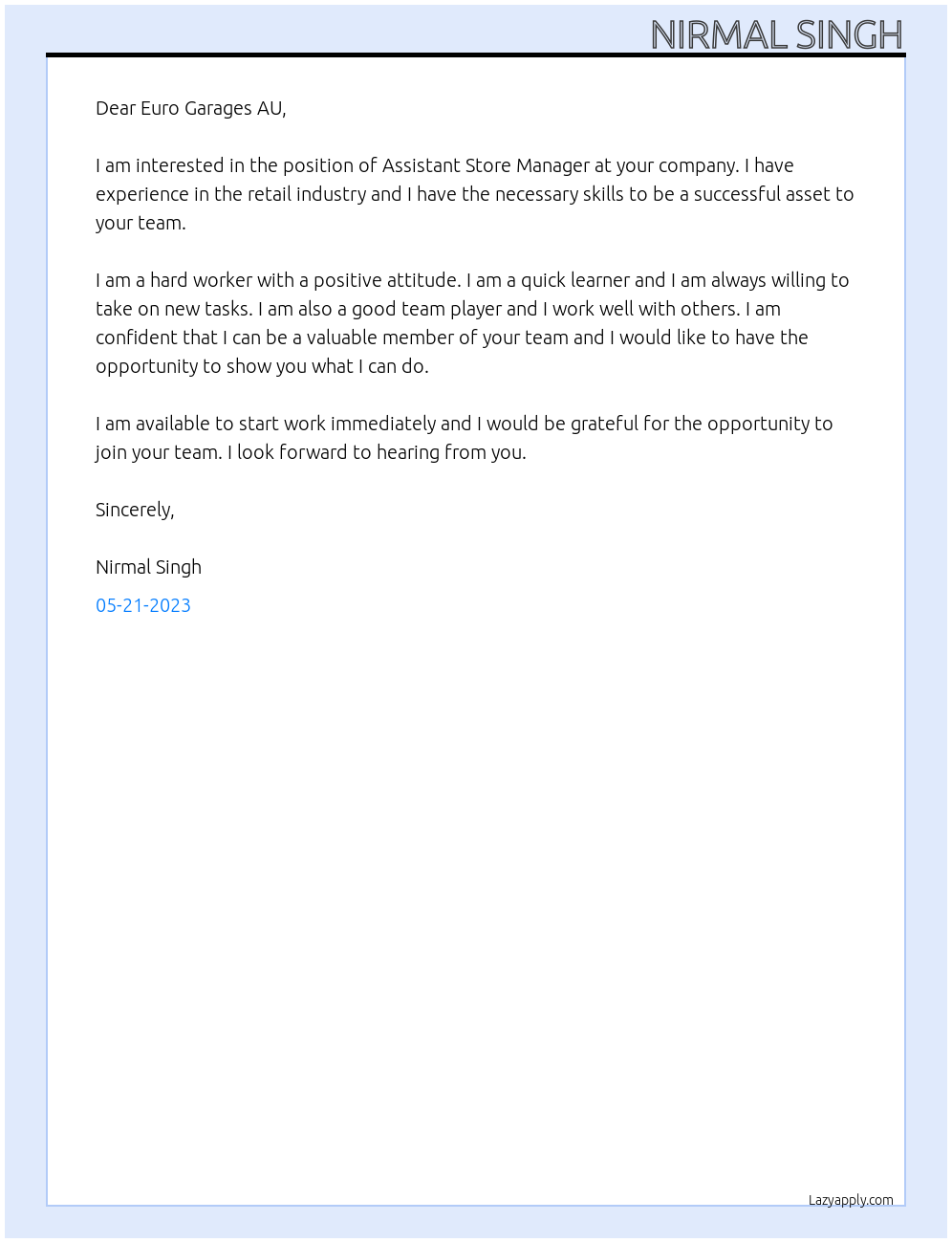 Assistant Store Manager At Euro Garages AU Cover Letter