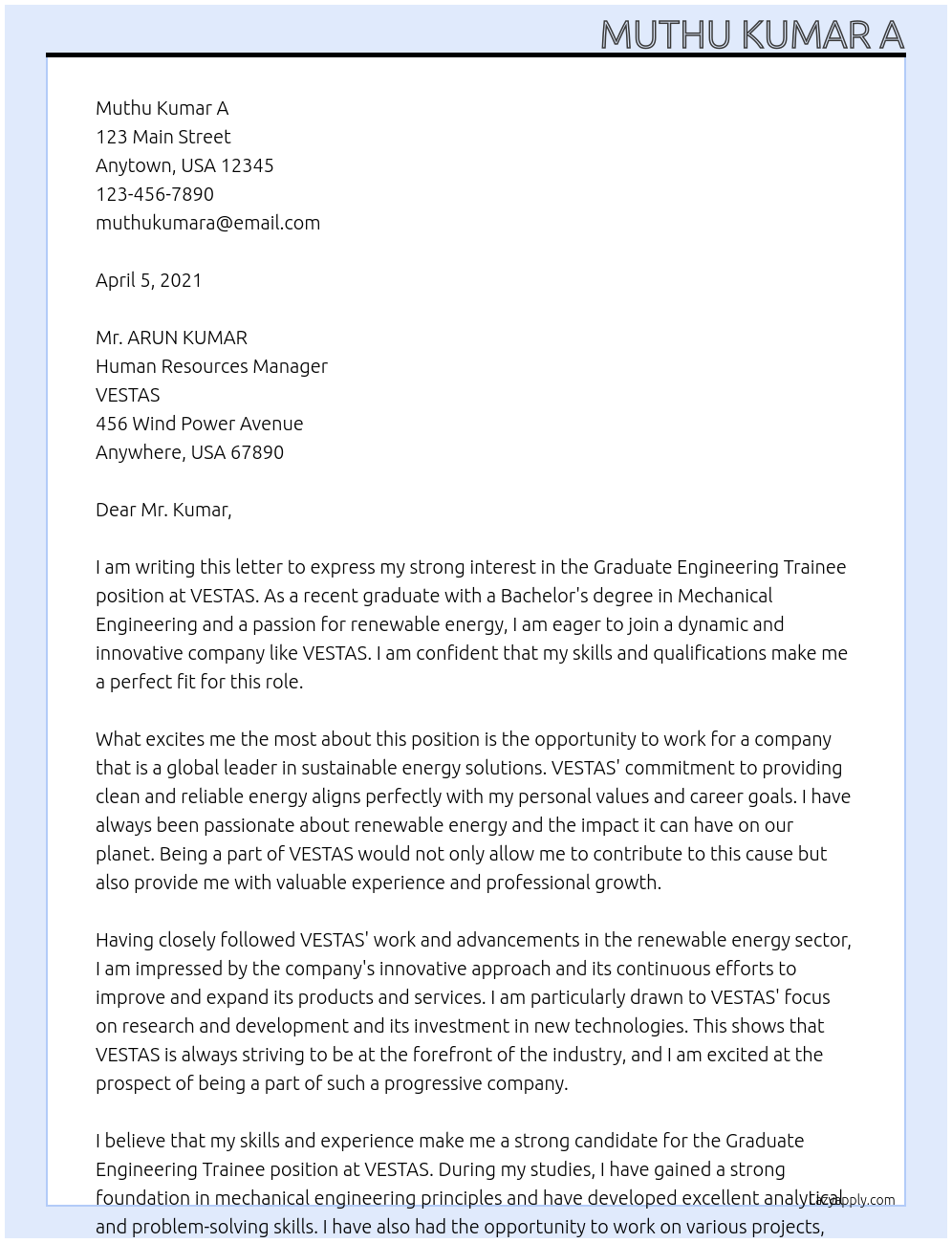 GRADUATE ENGINEERING TRAINEE At VESTAS Cover Letter