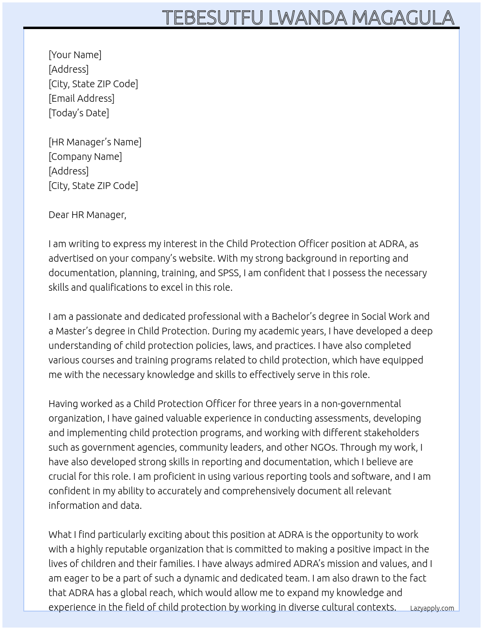 Child Protection Officer At ADRA Cover Letter