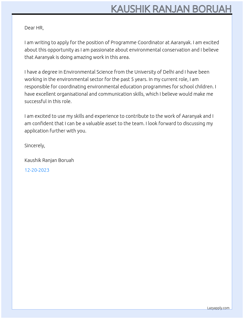 Programme Coordinator At Aaranyak Cover Letter