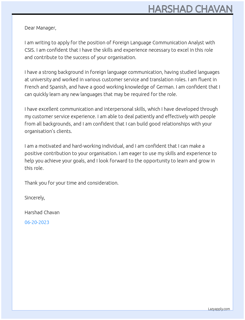 Foreign Language Communication Analyst At CSIS Cover Letter