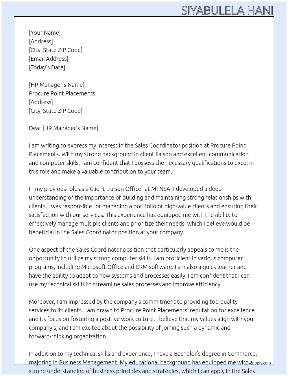 Sales Coordinator  At Procure Point Placements Cover Letter