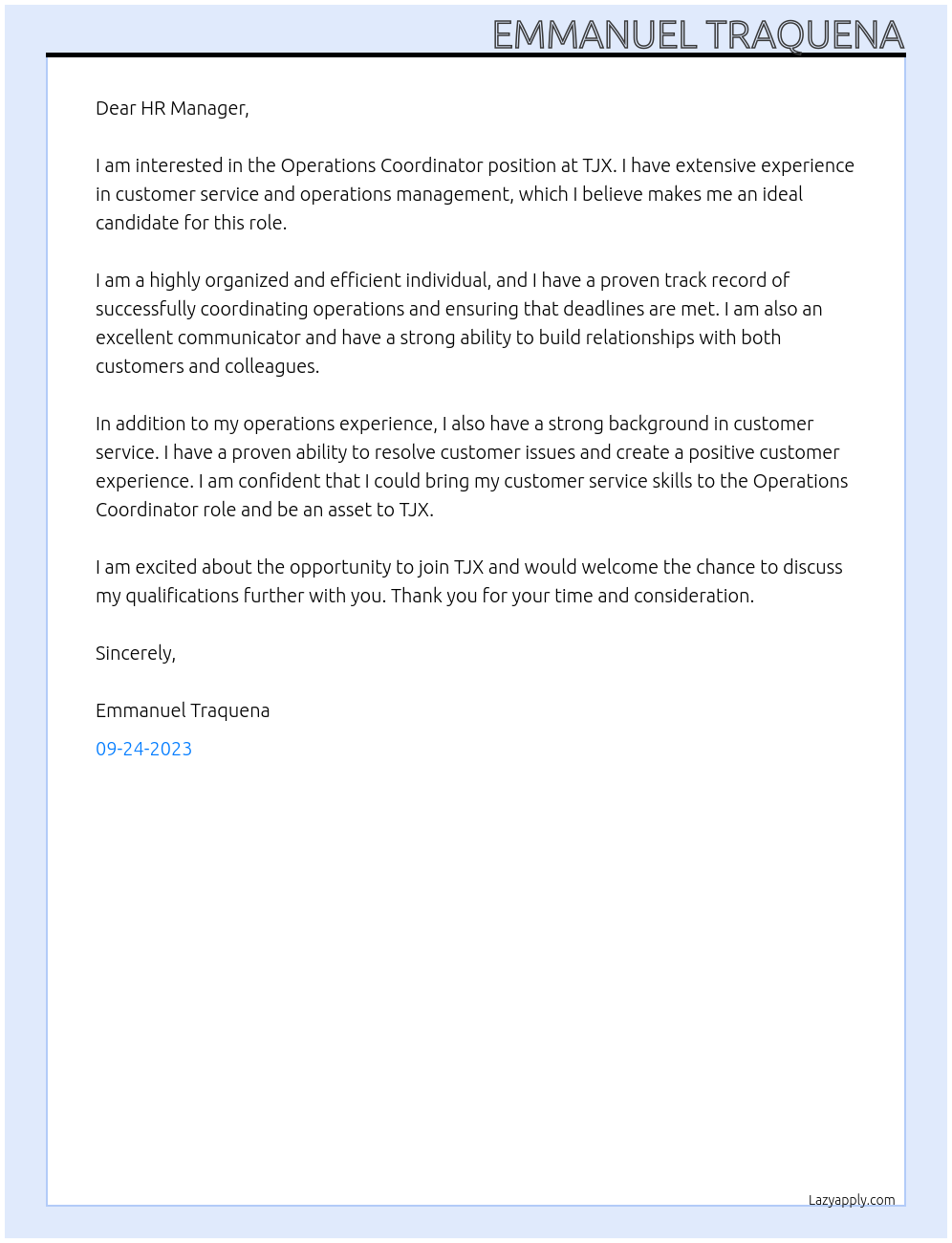 Operation Coordinator At TJX Cover Letter