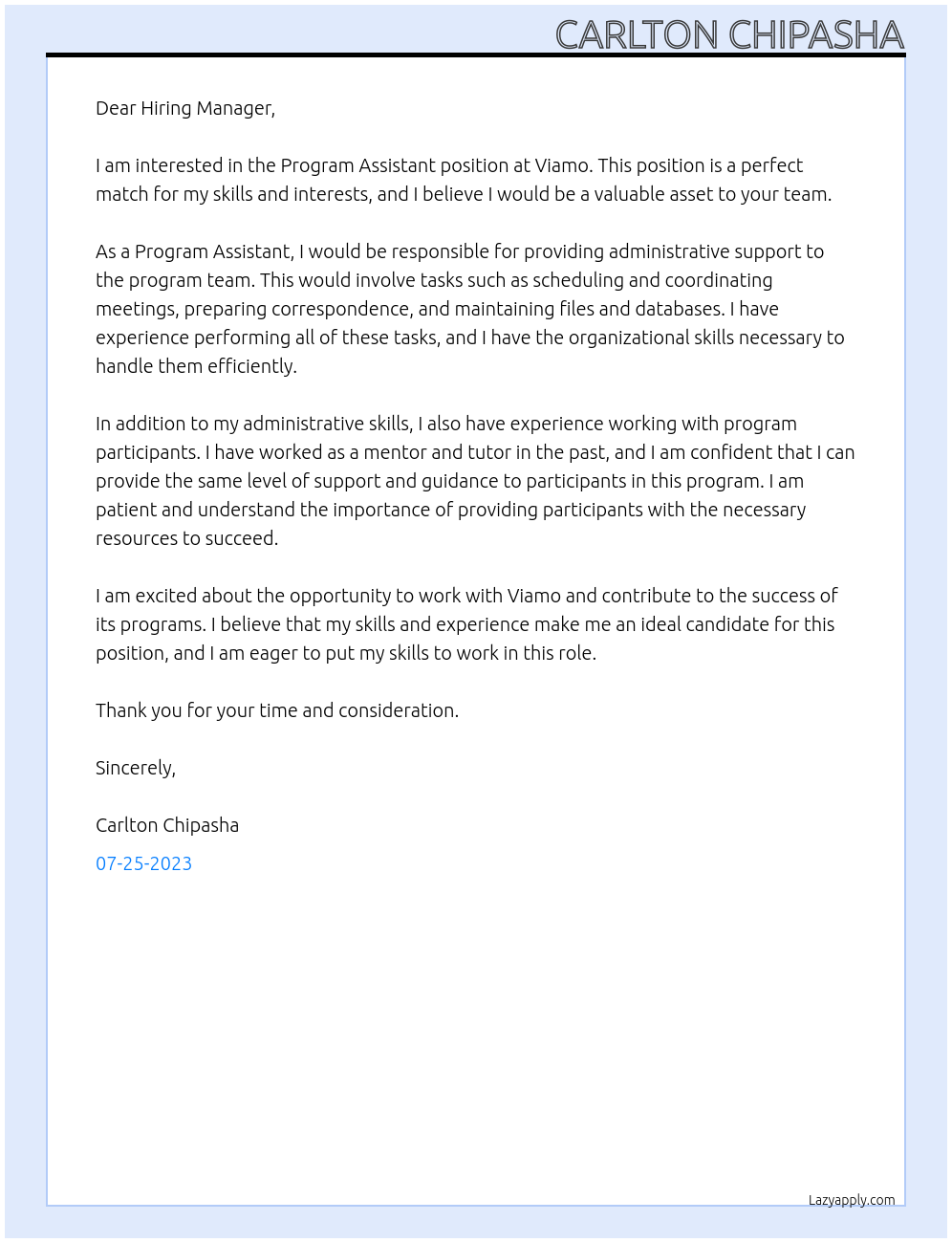 Program Assistant At Viamo Cover Letter