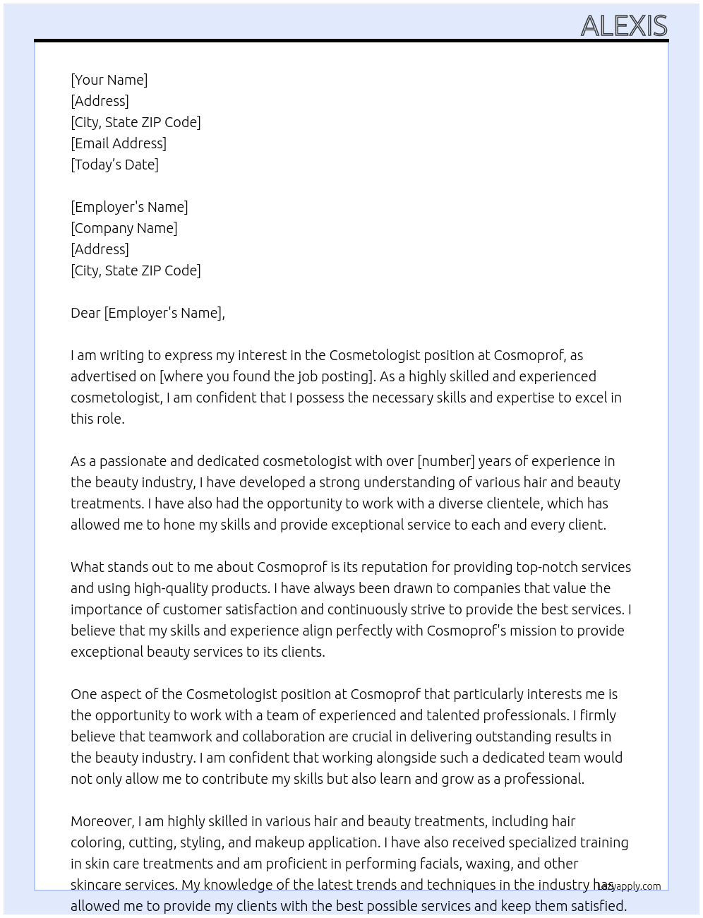 cosmetologist At cosmoprof Cover Letter