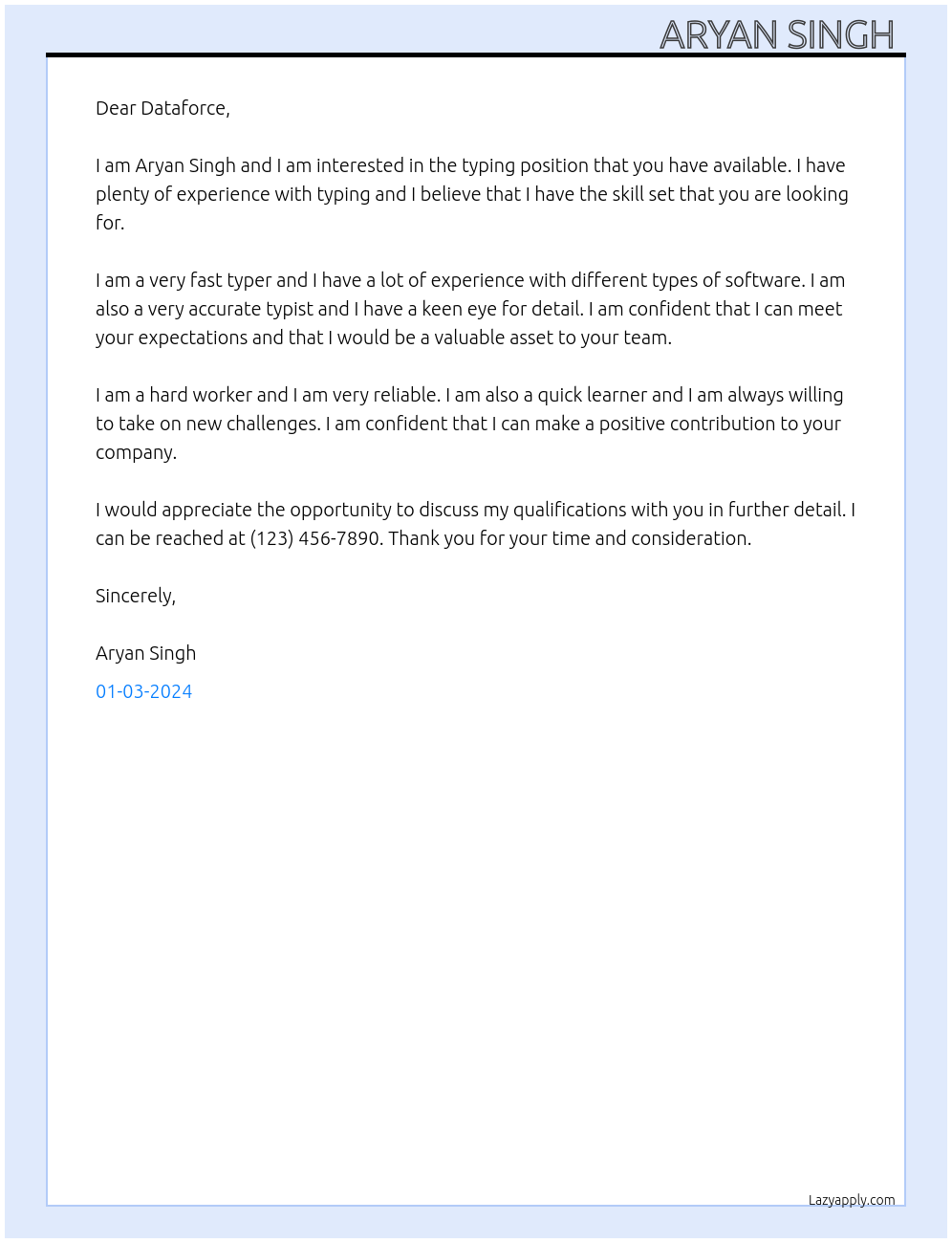 Typing At Dataforce Cover Letter