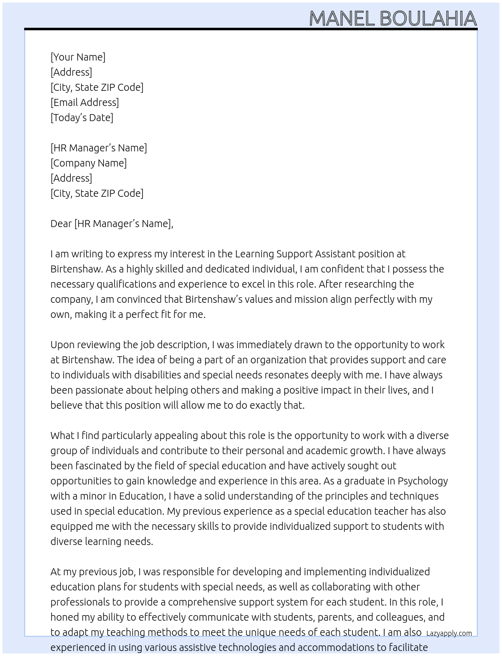 learning support assistant At Birtenshaw Cover Letter