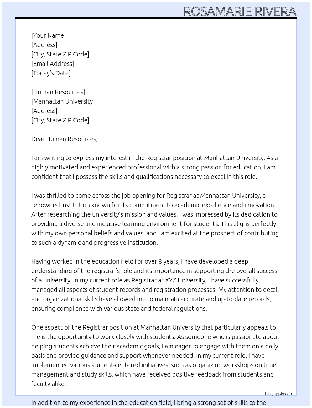 Registrar At Manhattan university Cover Letter