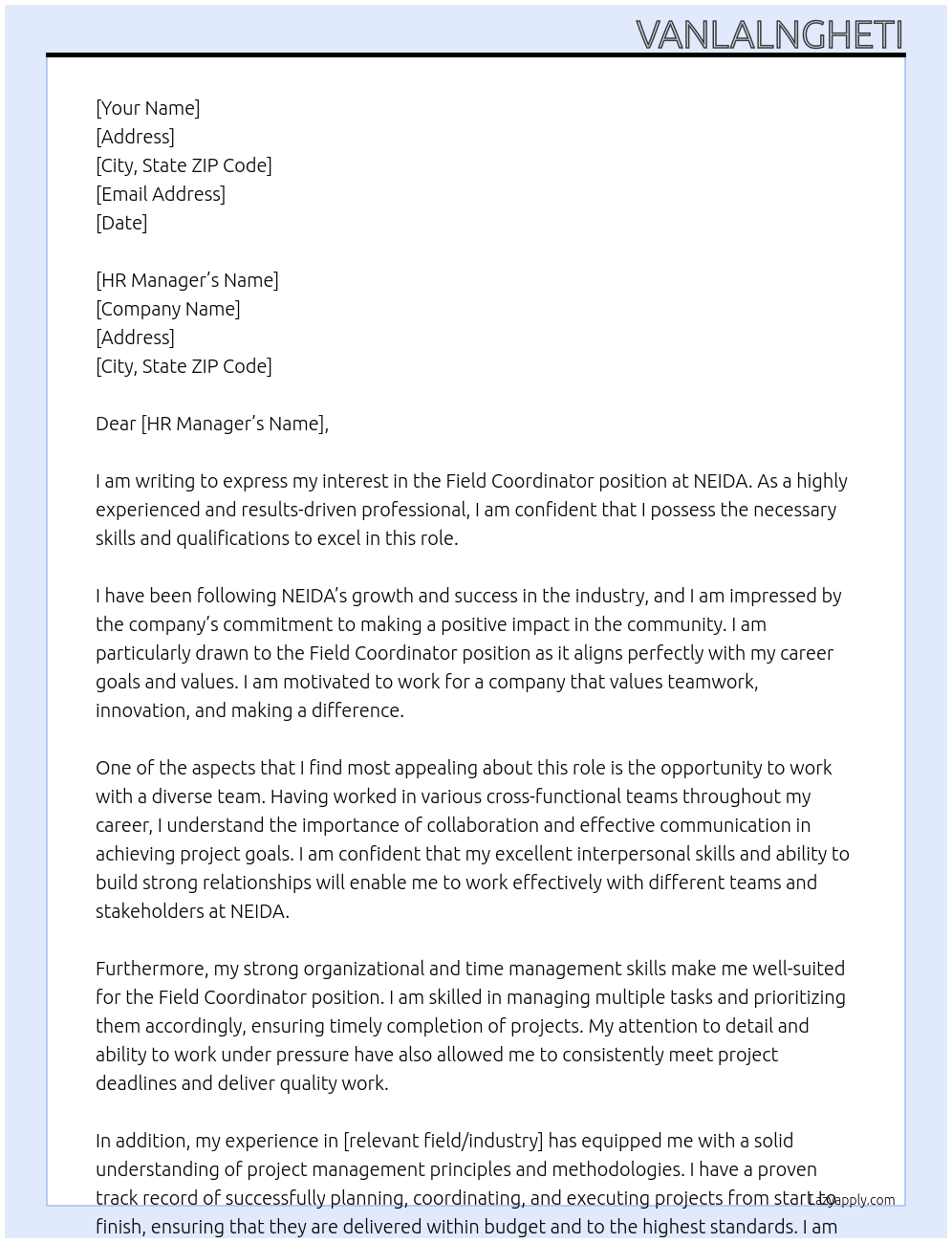 Field Coordinator At NEIDA Cover Letter