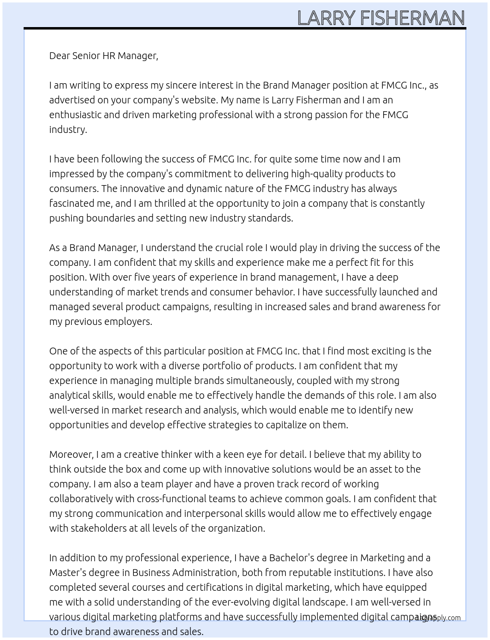 Brand Manager At FMCG Inc. Cover Letter