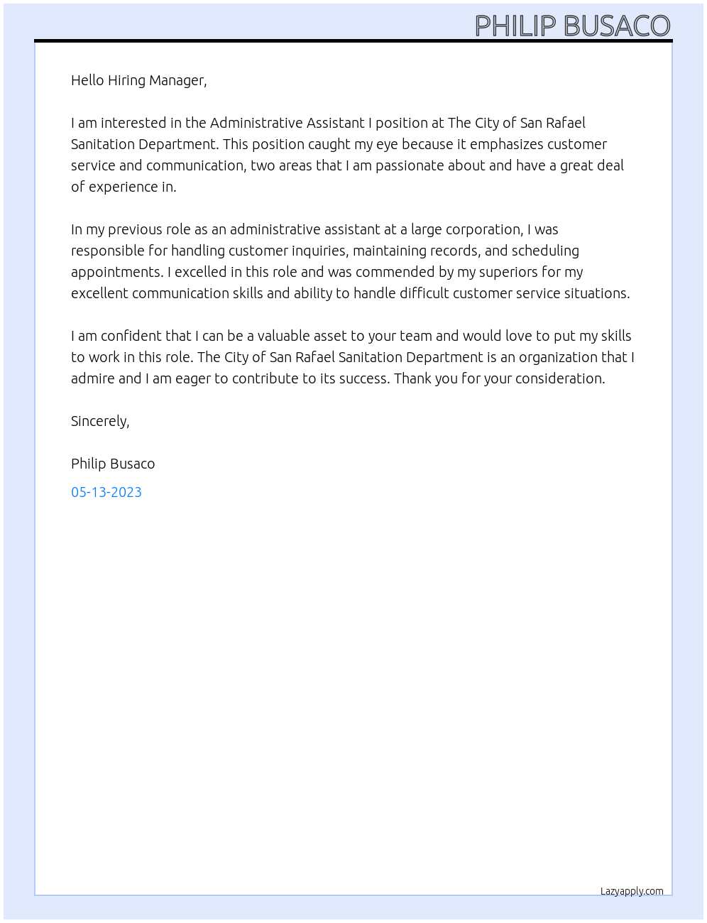 Administrative Assistant I At The City of San Rafael Sanitation Department Cover Letter