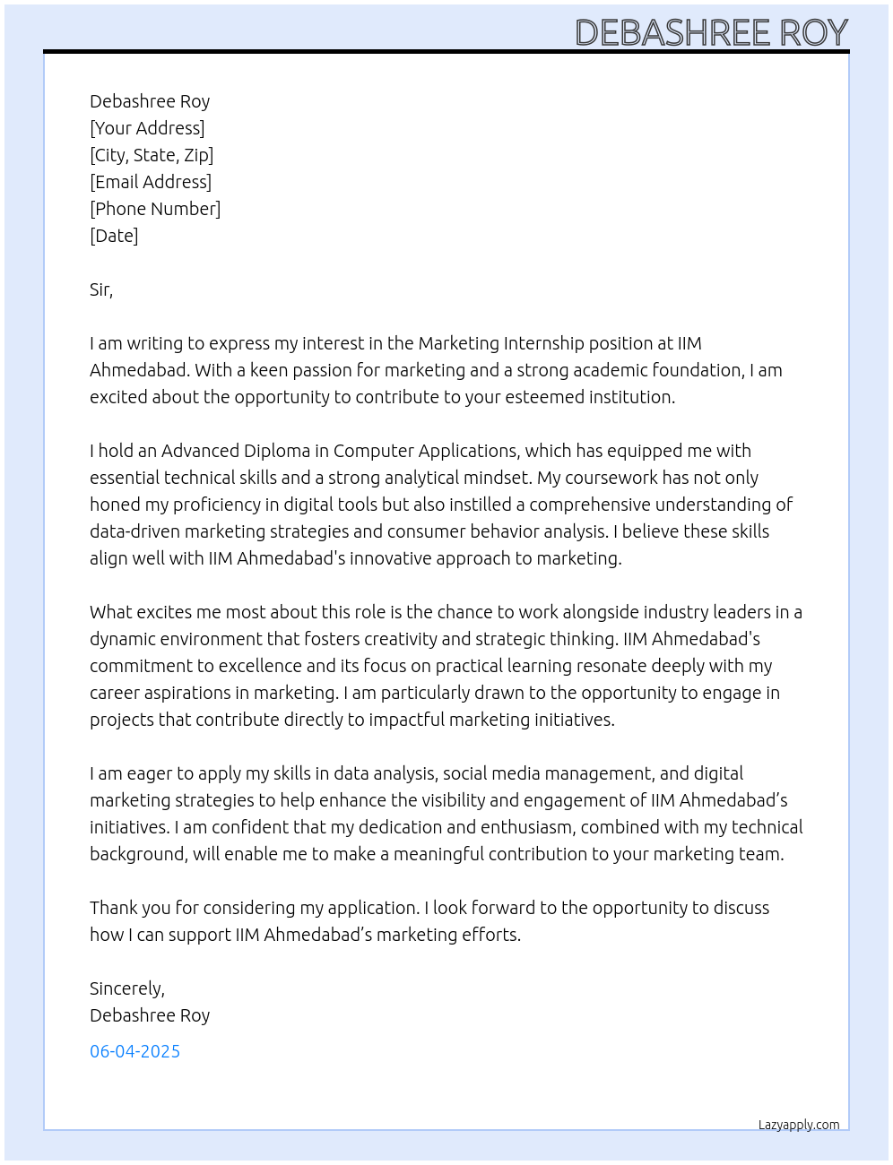 Marketing At IIM AHMEDABAD Cover Letter