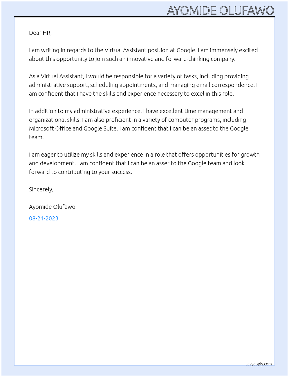 Virtual Assistant At Goofle Cover Letter