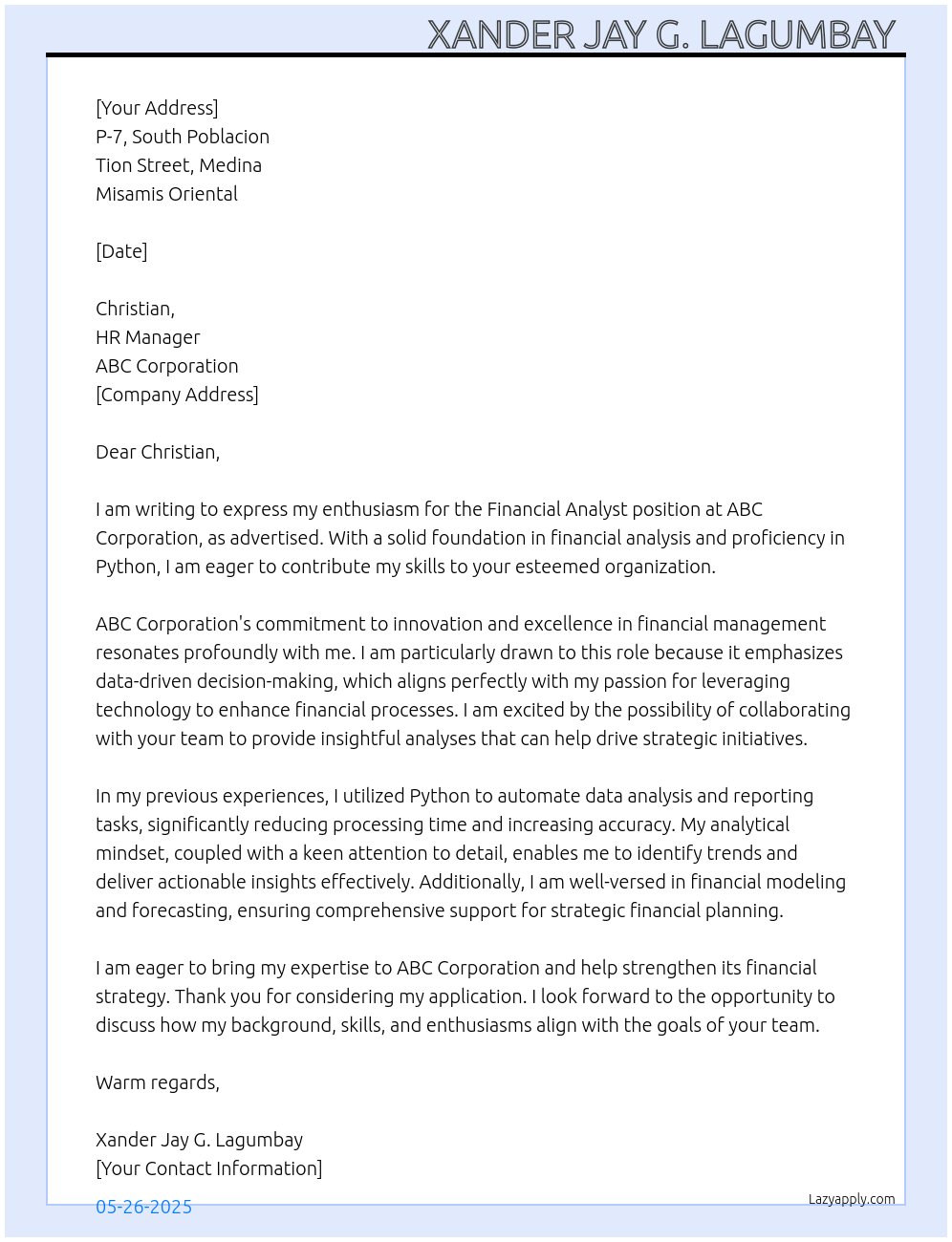 Financial Analyst At ABC Corporation Cover Letter