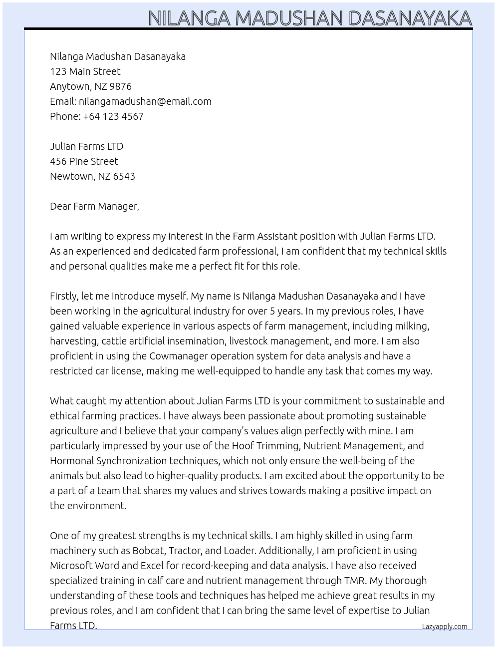 Farm Assistant At Julian Farms LTD Cover Letter