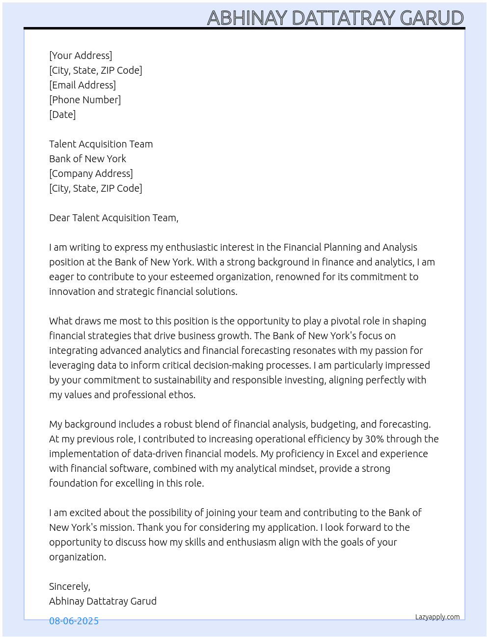 Cover letter for financial planning and analysis - LazyApply