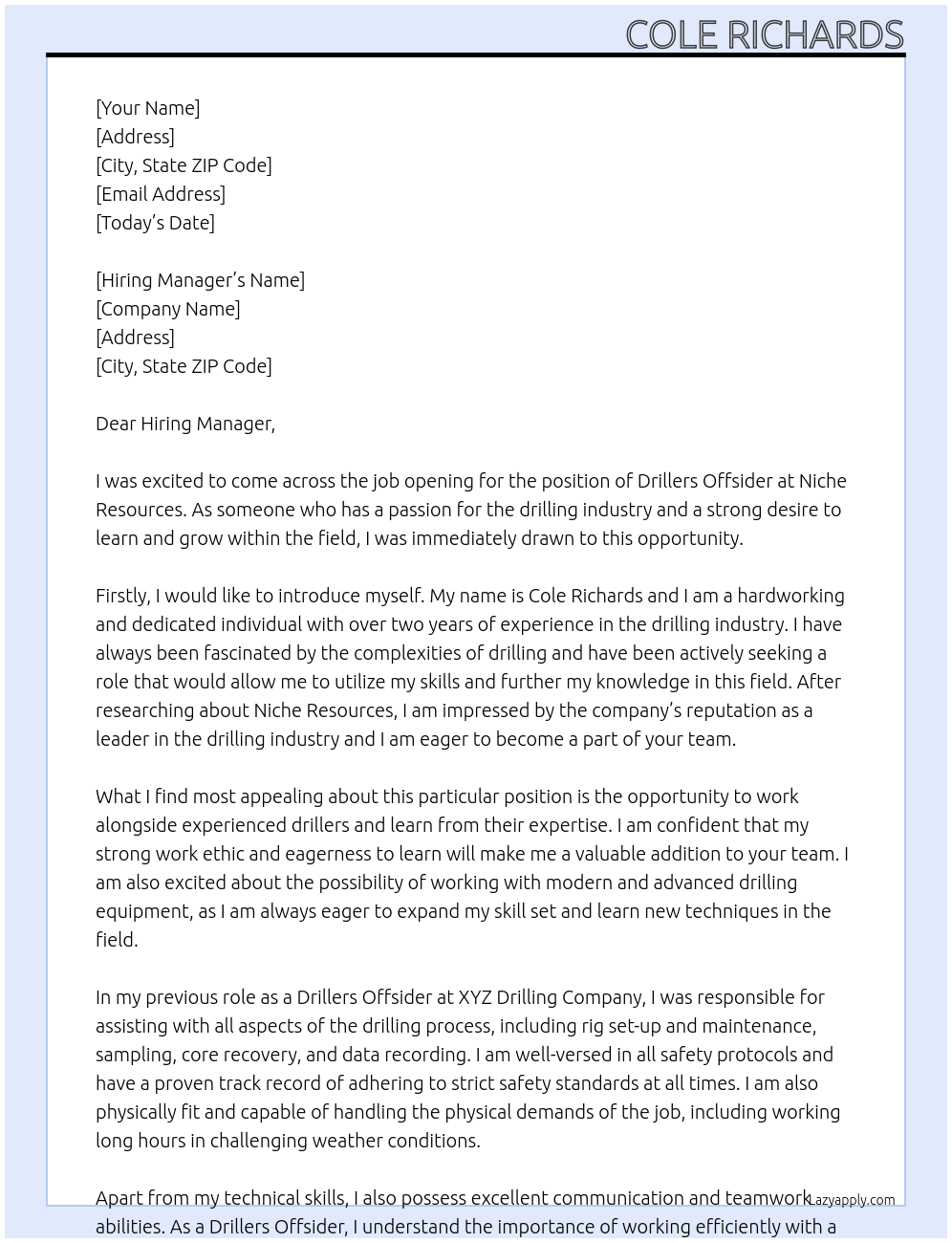 Drillers Offsider At Niche Resources Cover Letter