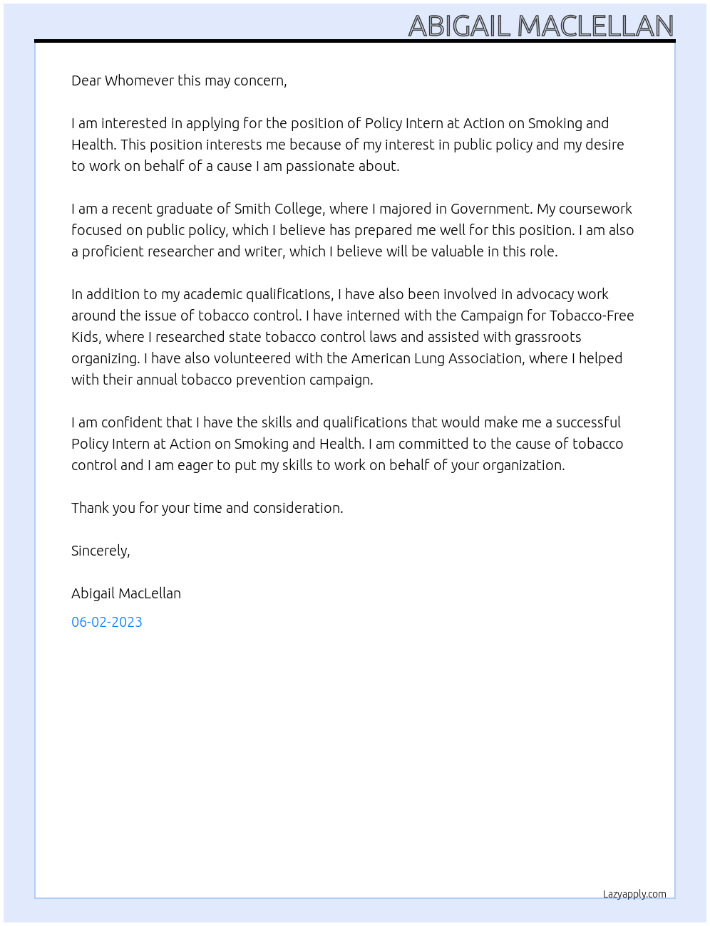 Policy Intern At Action on Smoking and Health Cover Letter