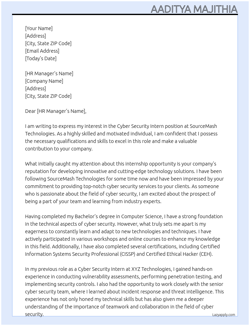 Cyber Security Intern At SourceMash technologies Cover Letter